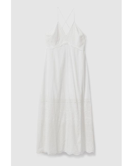 Reiss Natural Tate - White Cotton Broderie Maxi Dress