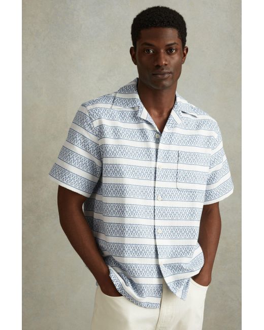 Reiss Multicolor Kesh - White/soft Blue Herringbone Cuban Collar Shirt, L for men