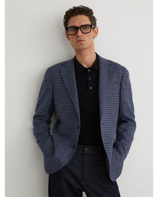 Reiss Blue Wool-Blend Single-Breasted Check Blazer With Linen for men