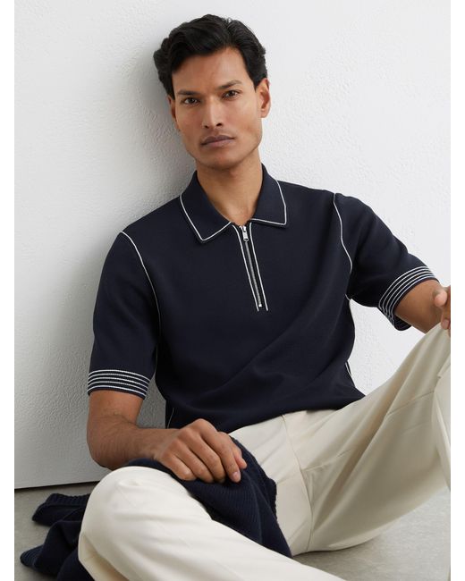 Reiss Blue Stitch-Detail Half-Zip Polo Shirt for men