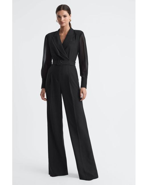 Reiss Blue Flora - Black Petite Sheer Belted Double Breasted Jumpsuit