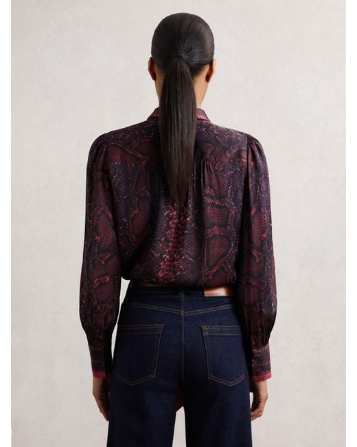 Reiss Blue Snake-Print Tie-Neck Blouse
