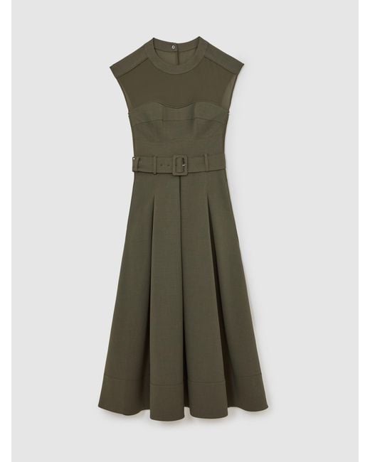 Reiss Green Khaki Ava Mesh-Panel Belted Pleated Midi Dress