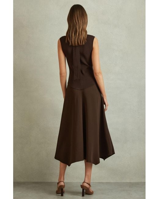 Reiss Brown Lani - Chocolate Hybrid Knit Tie Back Midi Dress, M