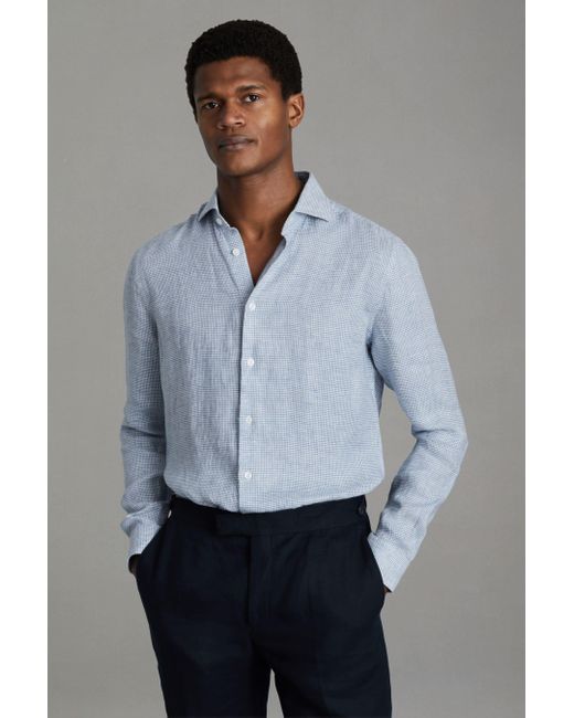 Reiss Gray Ruban - Soft Blue Puppytooth Linen Button-through Shirt for men