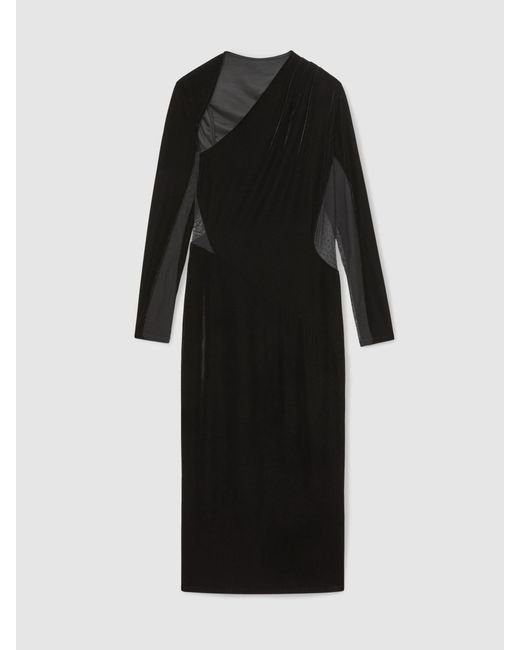 Reiss Black Velvet Sheer-Panel Cut-Out Midi Dress