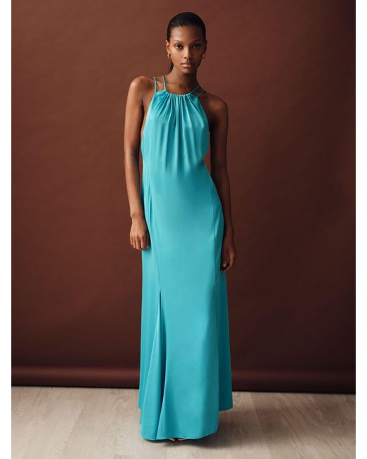 Reiss Tallie - Blue Satin Halterneck Maxi Dress, Us 10