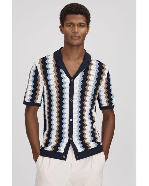 Reiss Black Waves - Blue Multi Knitted Cuban Collar Shirt for men