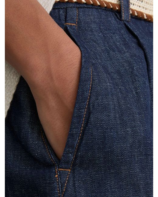 Reiss Blue Beau - Indigo Cotton-linen Belted Shorts, Us 4