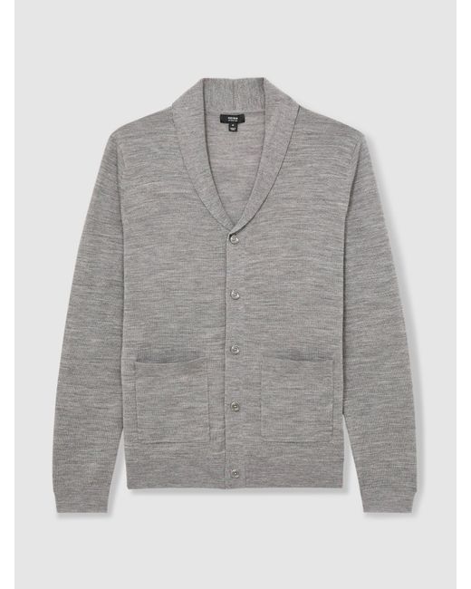 Reiss Gray Merino Wool Shawl-Collar Cardigan for men