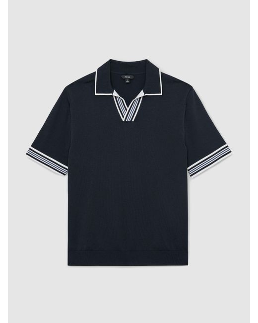 Reiss Blue Tipped Open-Collar Knitted Polo Shirt for men