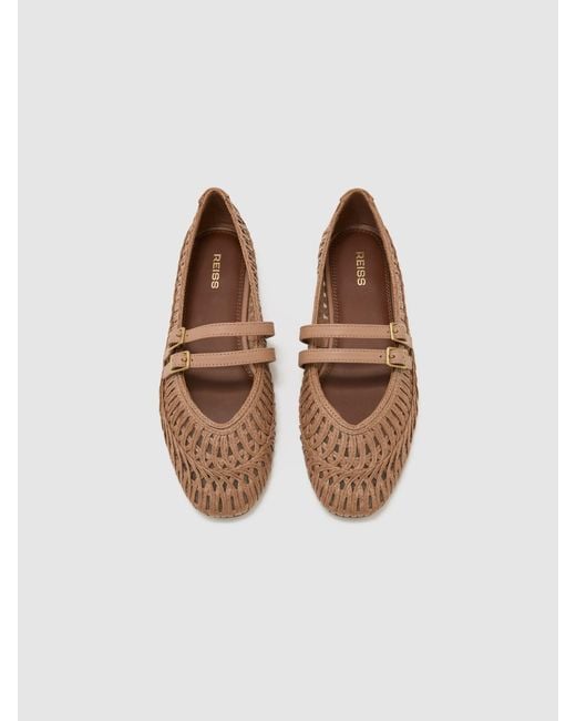 Reiss Brown Elizabeth - Neutral Woven Ballerina-strap Flats, Us 8 (uk 6)