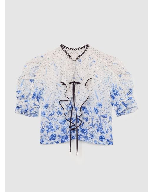 Reiss Minni - Ivory/blue Cotton Floral-print Ruffle Blouse, Us 4