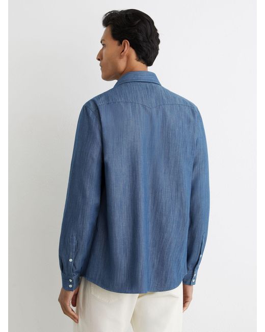 Reiss Blue Denim Western Press-Stud Shirt Regular-Fit for men