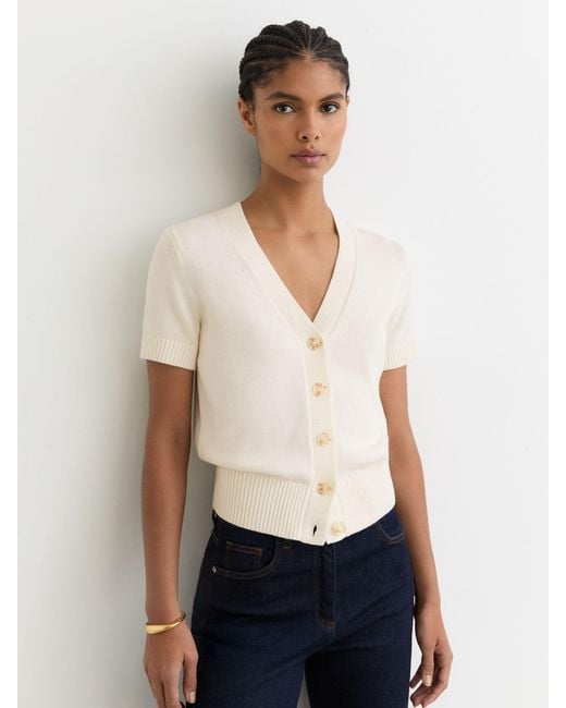Reiss White V-Neck Short-Sleeve Cardigan Cotton-Wool