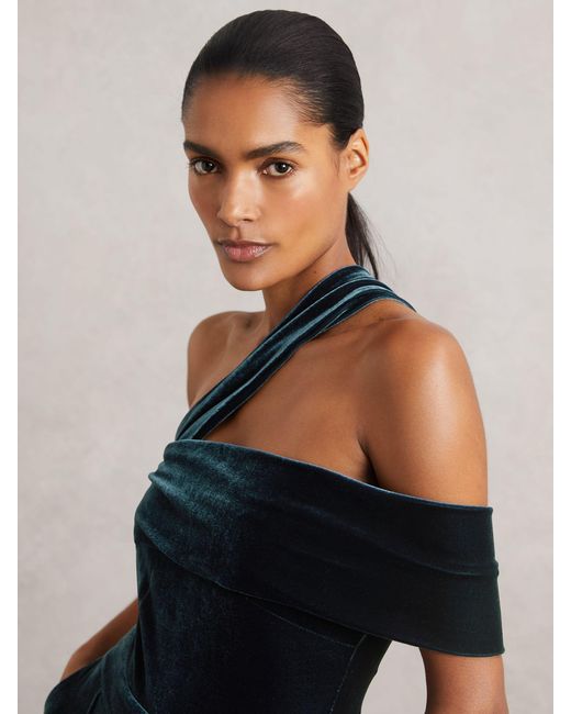 Reiss White Daria - Teal Green Velvet One-shoulder Wide-leg Jumpsuit, Us 14