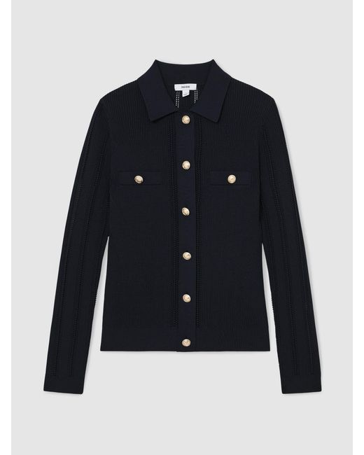 Reiss Blue Button-Through Knitted Top With Collar