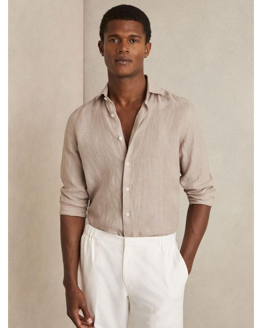 Reiss Natural Ruban - Mink Brown Linen Button-through Shirt, M for men