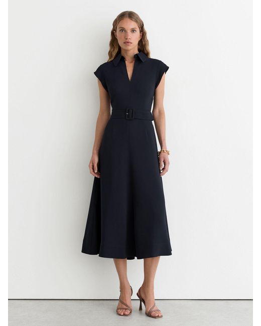 Reiss Blue Collared Belted Midi Dress