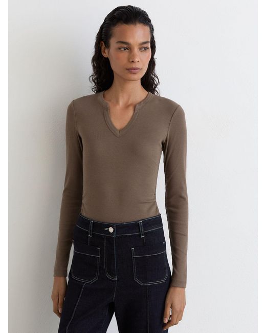 Reiss Brown Stretch-Cotton Notch-Neck Top