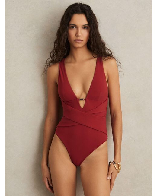 Reiss Red Plunge Halterneck Swimsuit