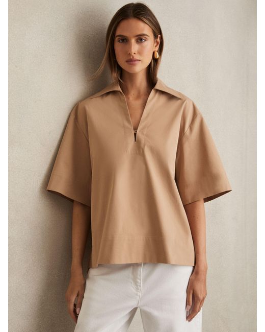 Reiss Natural Dara - Camel Cotton Blend Craft Stitch Collared Top, Us 0