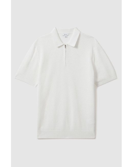 Reiss Natural Burnham - Optic White Cotton Blend Textured Half Zip Polo Shirt for men