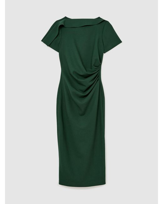 Reiss Hilary - Teal Green Ruched-detail Boat-neck Midi Dress, Us 2