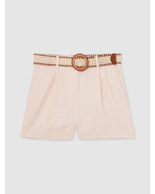 Reiss Natural Linen Pleat-Front Belted Shorts