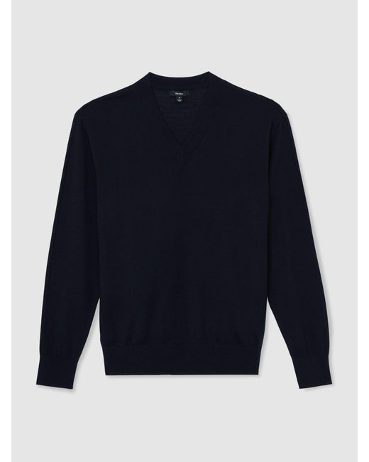 Reiss Blue Merino Wool V-Neck Jumper for men