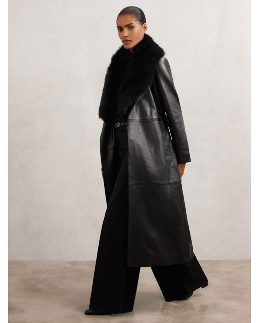 Reiss Estee - Black Leather Trench Coat With Shearling Collar, Us 8