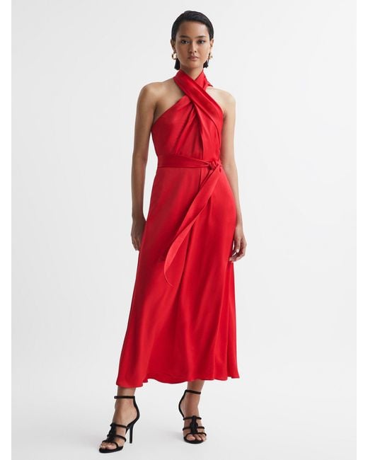 Reiss Red Satin Halter Neck Fitted Midi Dress