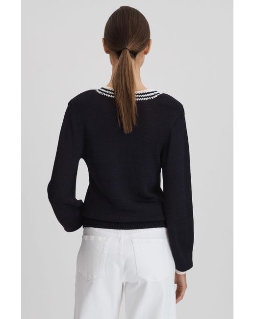 Reiss Black Tammy - Navy/white Crochet V-neck Jumper