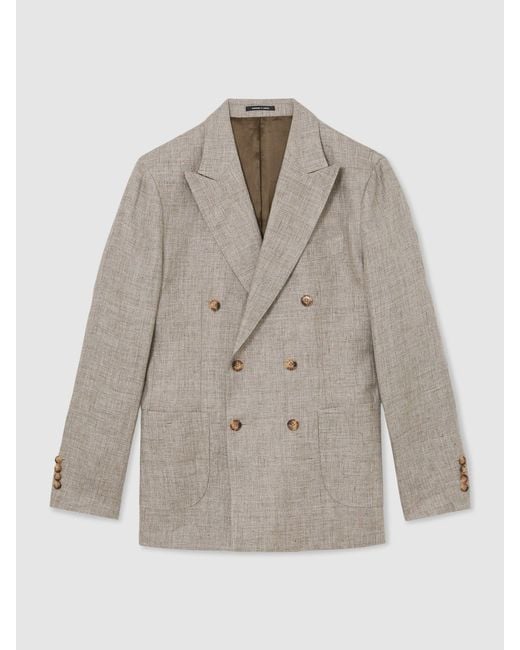 Reiss Gray Tailored Fit Linen Double-Breasted Suit Blazer for men