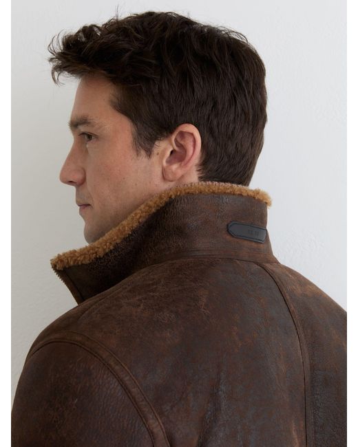 Reiss Brown Peveral Shearling Zip-Through Leather Jacket for men