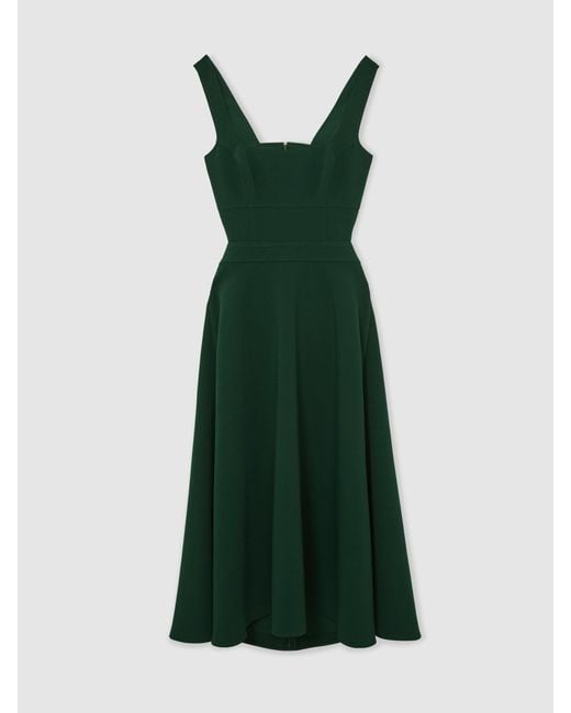 Reiss Green Waisted Cut-Out Twill Midi Dress