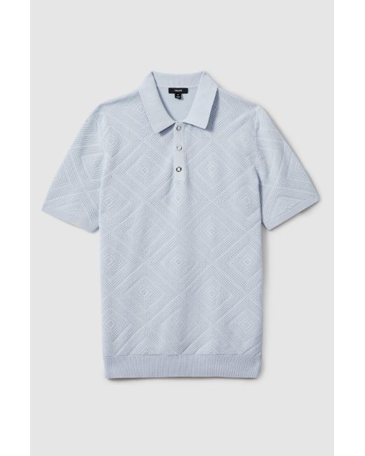 Reiss Lupton - Soft Blue Cotton Textured Press-stud Polo Shirt for men