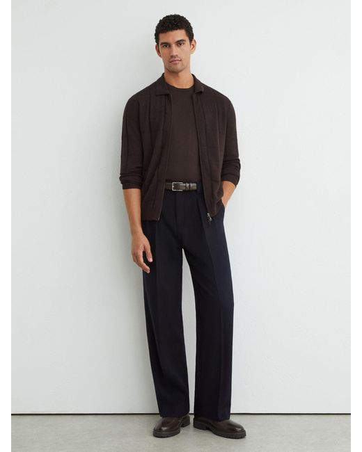 Reiss Black Wool Check-Textured Zip-Through Cardigan for men
