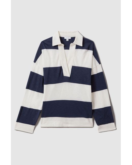 Reiss Multicolor Abigail - Navy/ivory Striped Cotton Open-collar T-shirt, M