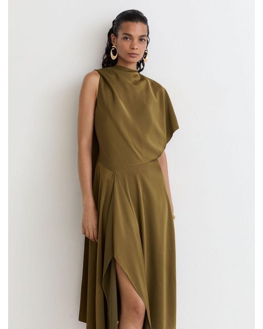 Reiss Natural Satin One-Shoulder Draped Midi Dress