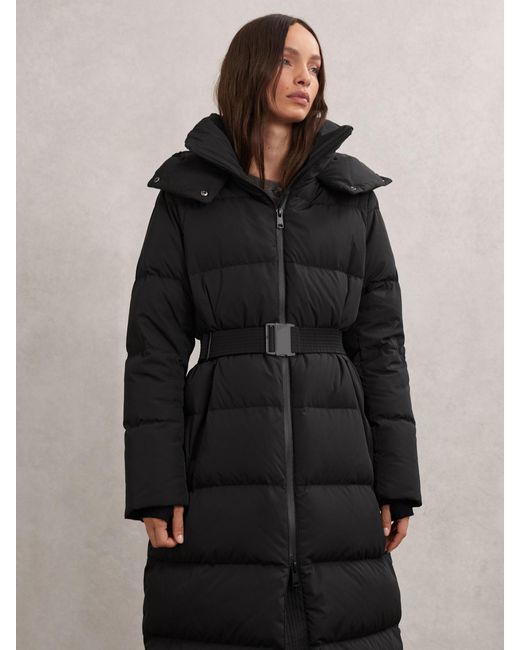 Reiss Black Colette Belted-Waist Hooded Puffer Coat