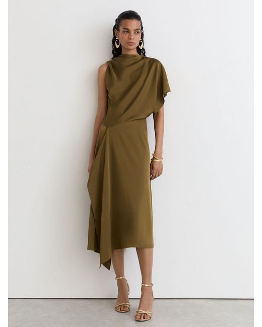 Reiss Natural Satin One-Shoulder Draped Midi Dress