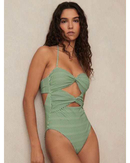 Reiss Green Chequered Print Cut Out Swimsuit