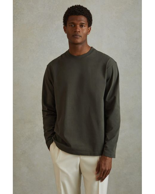 Reiss Gray Cube - Khaki Cotton Crew Neck Long Sleeve T-shirt for men
