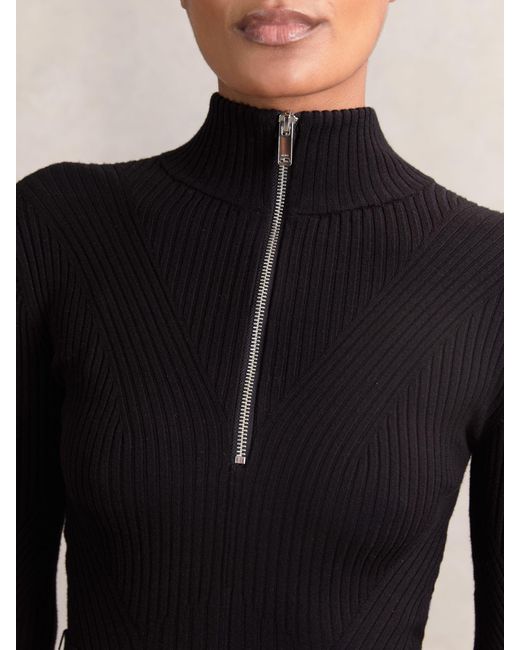 Reiss Vienna - Black Rib-knit Belted Half-zip Flippy Dress, Xs (us 2)