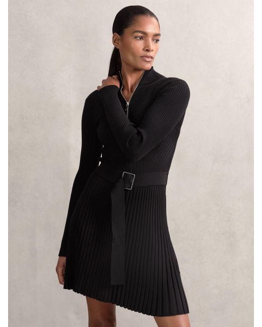 Reiss Vienna - Black Rib-knit Belted Half-zip Flippy Dress, Xs (us 2)