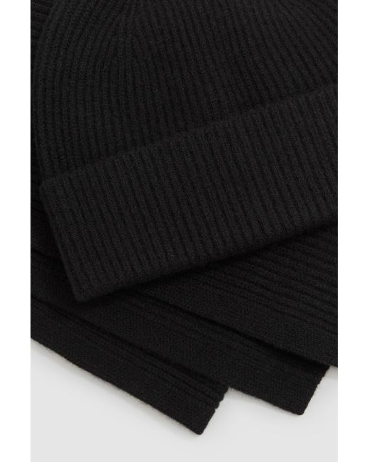 Reiss Chesterfield Black Merino Wool Ribbed Scarf And Beanie Set, for