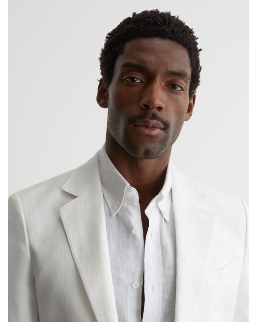 Reiss White Tailored Fit Linen-Twill Single-Breasted Blazer for men