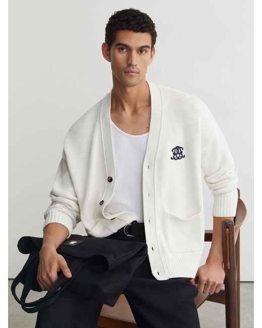 Reiss White Monogram-Embroidered Relaxed Cardigan for men