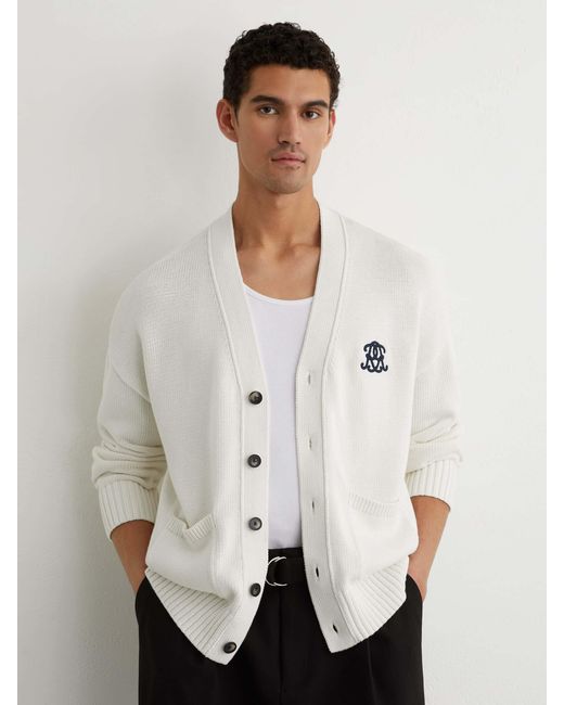 Reiss White Monogram-Embroidered Relaxed Cardigan for men